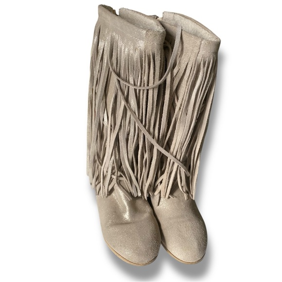 Joyfolie Willowbark Fringe Boots Youth Knee-High Suede Faux Fur Lining Cowgirl - Picture 3 of 11